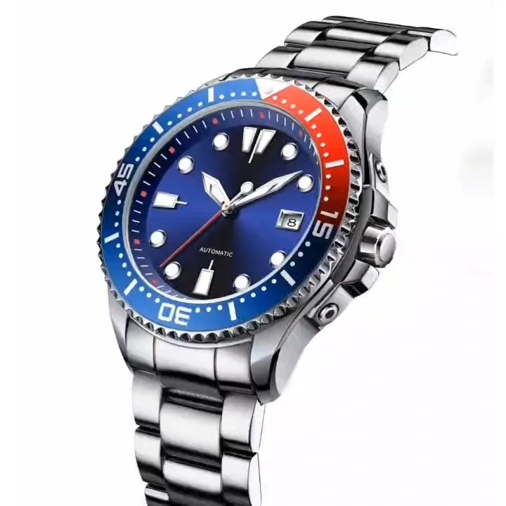 High quality automaic mechanical stainless steel men watch OEM ODM watch factory aluminum bezel diving 10atm waterproof 316L dindow back case stainless steel watch 1