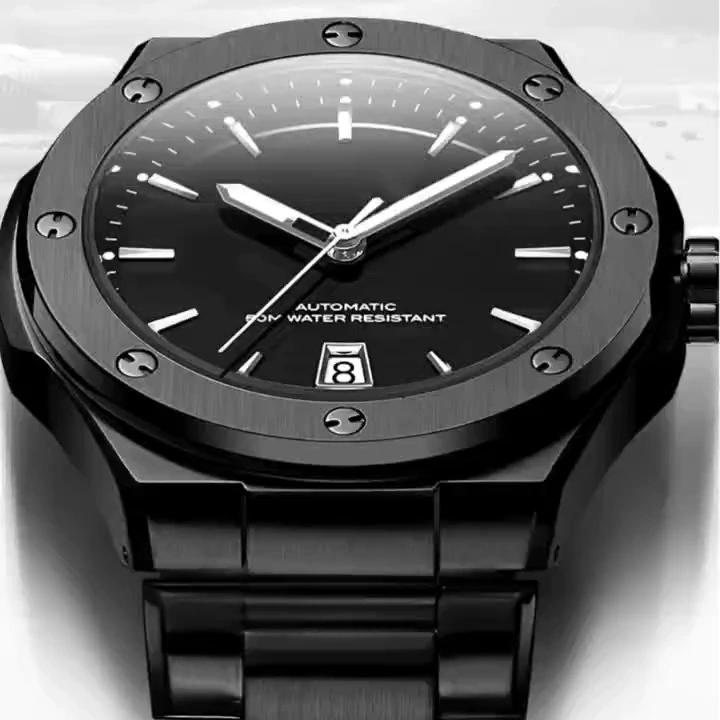 Strong luminous dial and hands watch factory black color fashion stainless steel watch stainless steel strap shenzhen watch factory of China oem automaic mechanial watch factory 1