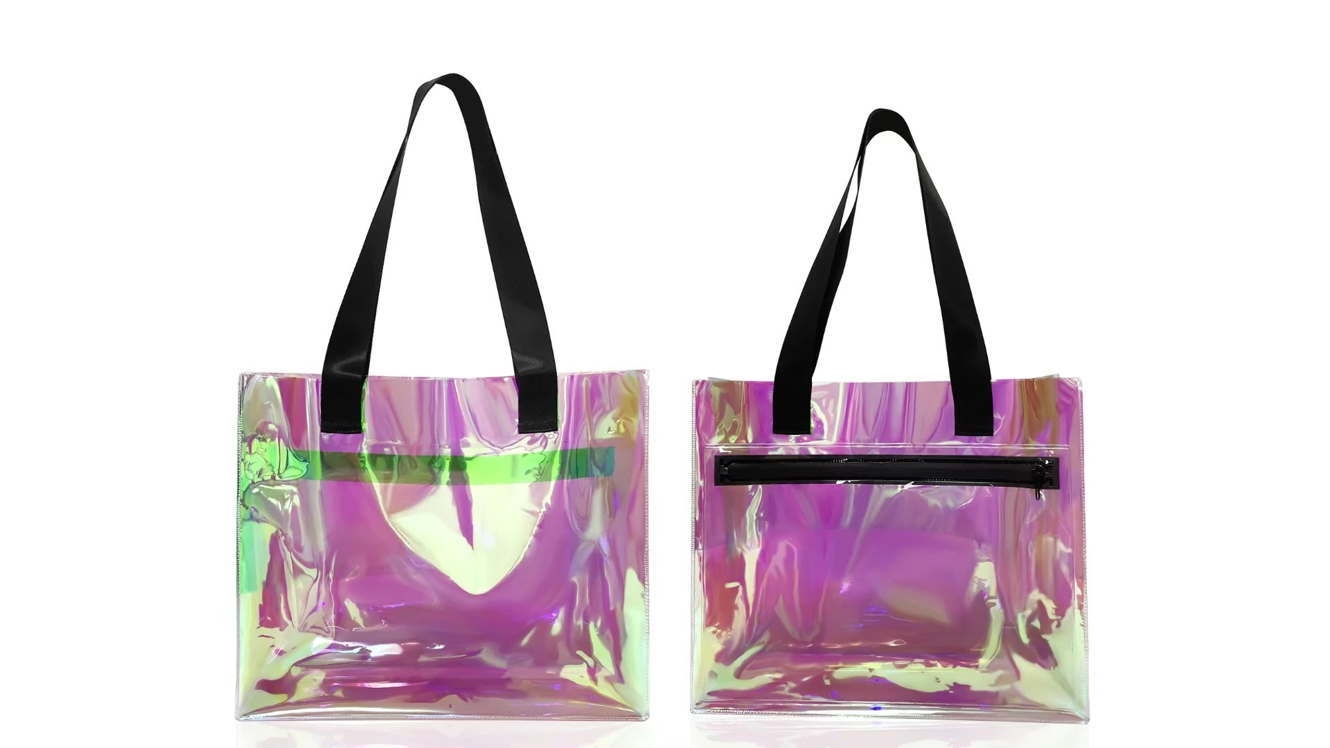 ʻO Iridescence Transparent Colorful Fashion Big Capacity PVC Poʻohiwi ʻeke me ʻelua mau lima no ke kūʻai ʻana i ka Picnic i kēlā me kēia lā. 1