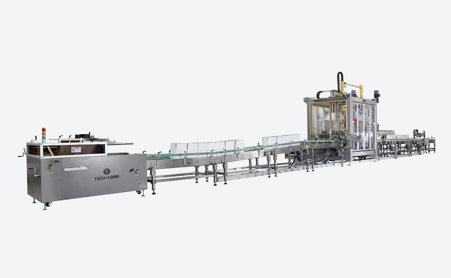 Case Packer သည် အရည်ထုပ်ပိုးပစ္စည်းများကို တိကျသောအစီအစဉ်နှင့် အရေအတွက်ဖြင့် သေတ္တာများအတွင်း အလိုအလျောက် ထိရောက်စွာထုပ်ပိုးပေးသည် -TECH-LONG 1