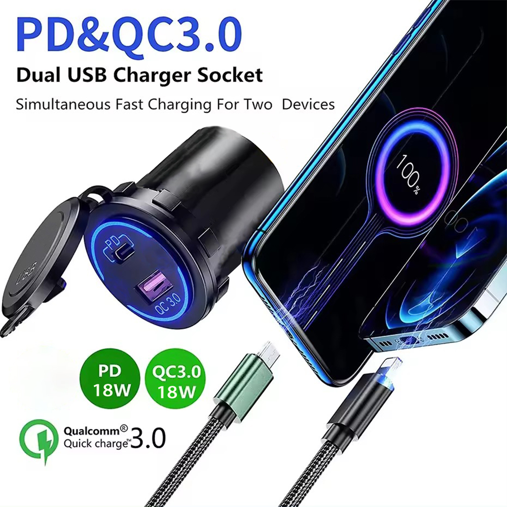 Motorcycle Usb socket Quick Charger PD 3.0 motorcycle handlebar charger For 12V 24V Motorcycle Boat Marine Truck 3