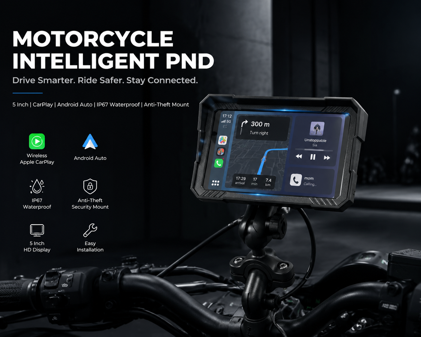 5 Inch Motorcycle PND Waterproof IP67 Navigation Carplay & Auto Wifi BT  Android & Apple Compatible 3