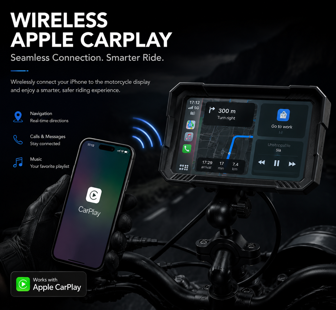 5 Inch Motorcycle PND Waterproof IP67 Navigation Carplay & Auto Wifi BT  Android & Apple Compatible 5