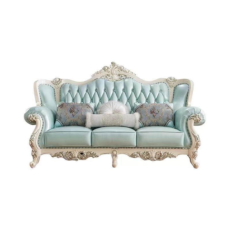 Antique Design Living Room Leathe Sofa Navy Blue  Light blue 1