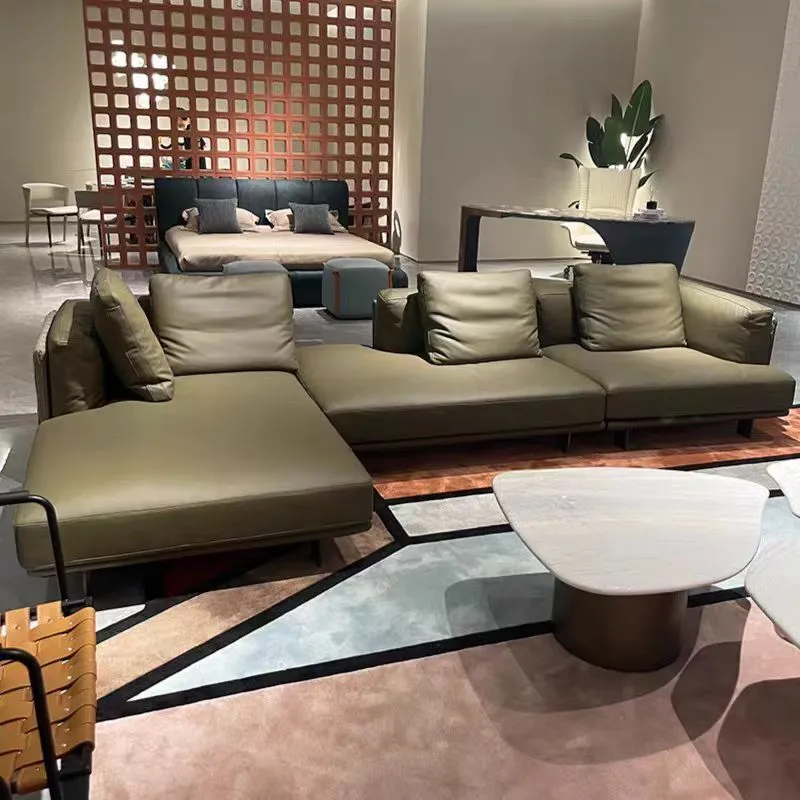 Italian minimalist woven leather sofa Green corner large flat villa luxury Italian first layer cowhide sofa living sofa 1