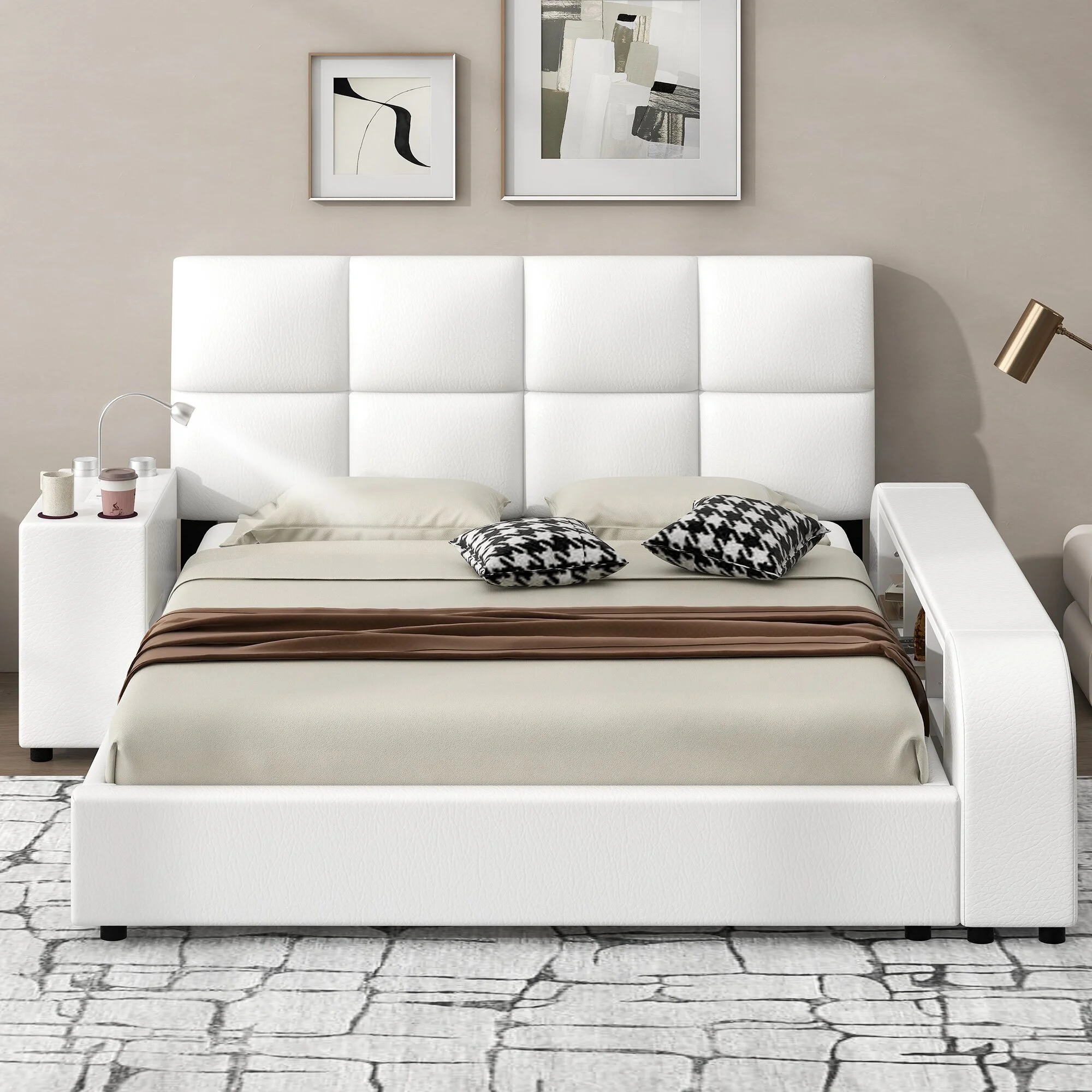 Queen Size Upholstered Platform Bed with Multimedia Nightstand and Storage Shelves 1