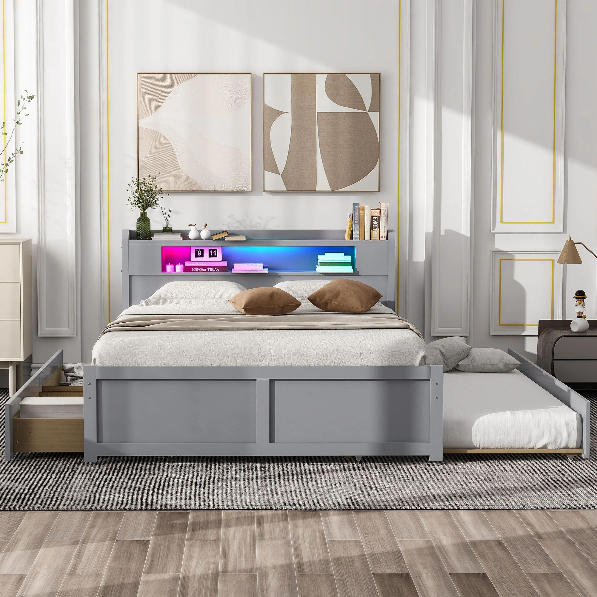 Queen Size Wood Storage Platform Bed with LED, 2 Drawers and 1 Twin Size Trundle, 1