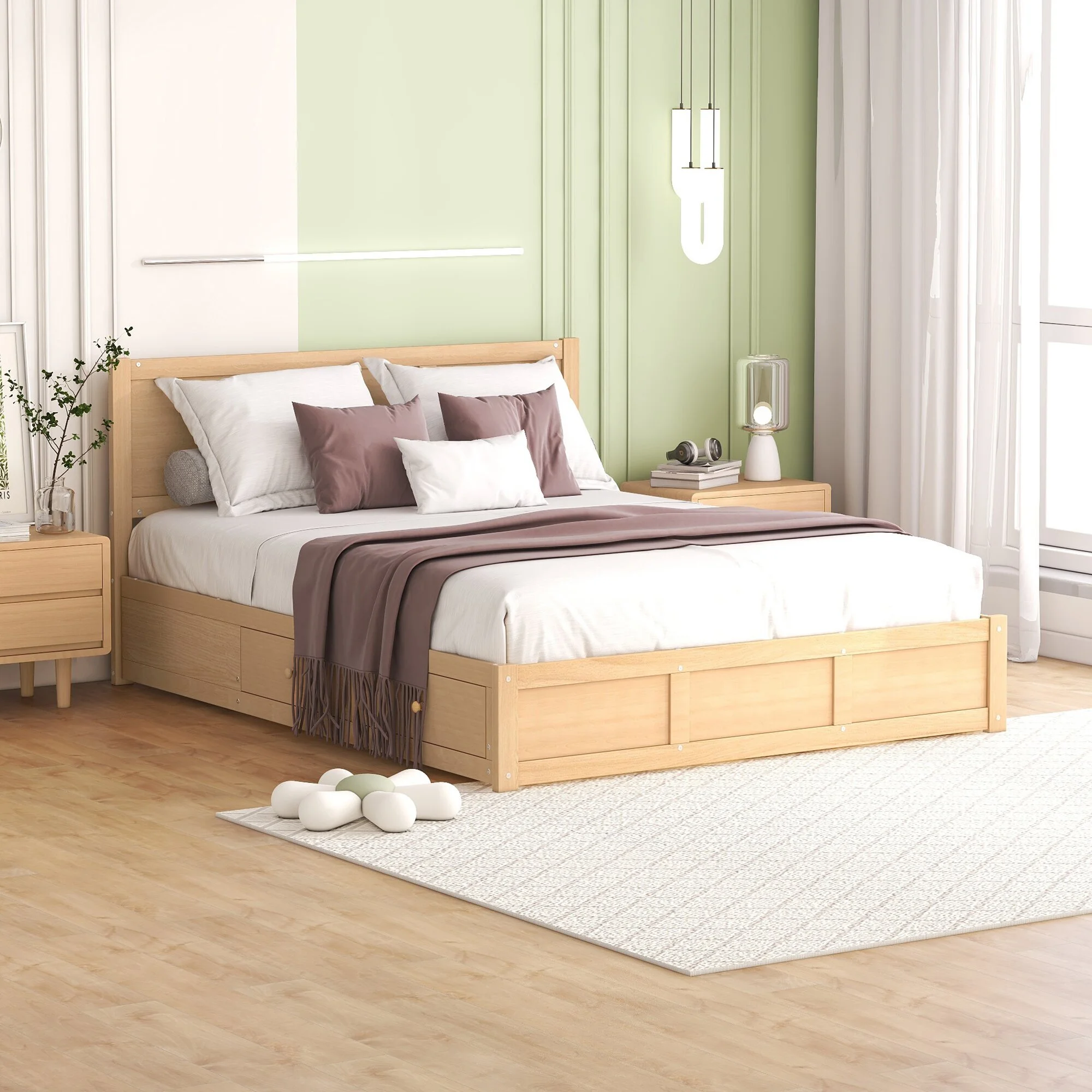 Katil Pelantar Kayu Bersaiz Queen dengan Storan Bawah dan 2 Laci, Warna Kayu 1