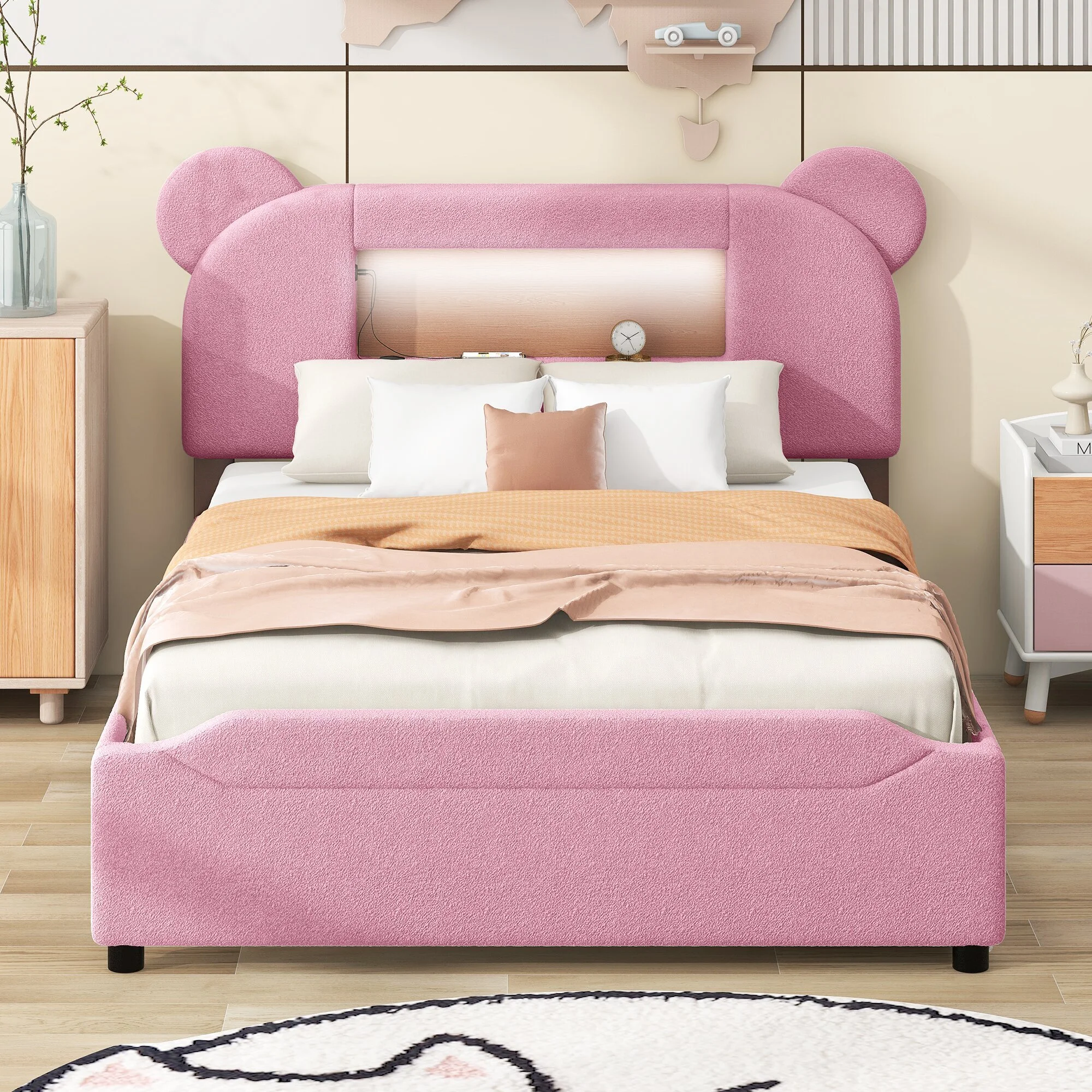 Full Size Upholstered Storage Platform Bed with Cartoon Ears Headboard, LED and USB, 1
