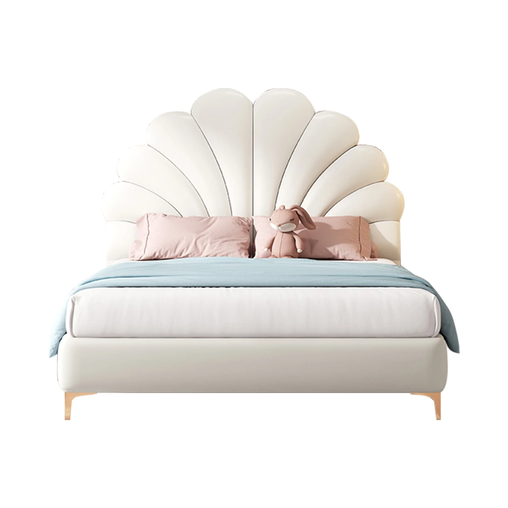 Modern Upholstered Leather Bed Frame with Petal shaped Headboard, Heavy Duty Platform Bed with Wood Slat Support 1