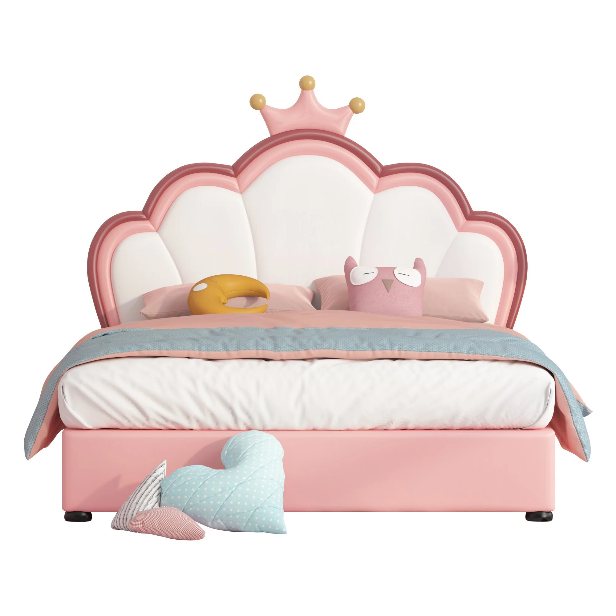 Full Size Kids Bed Frame with crown Shaped Headboard, Children Twin Platform Bed Frame with Luxury PU leather 1