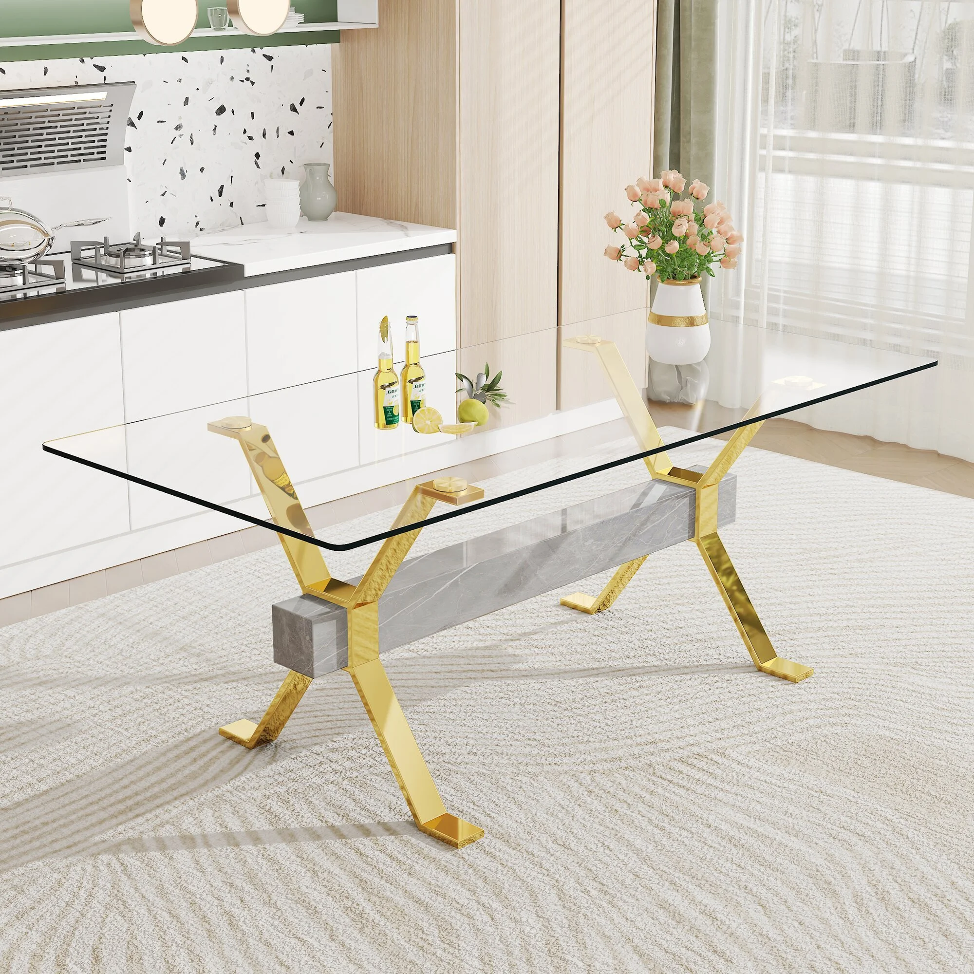 Modern tempered glass dining table. Large modern office desk with gold plated metal legs and MDF crossbars 1