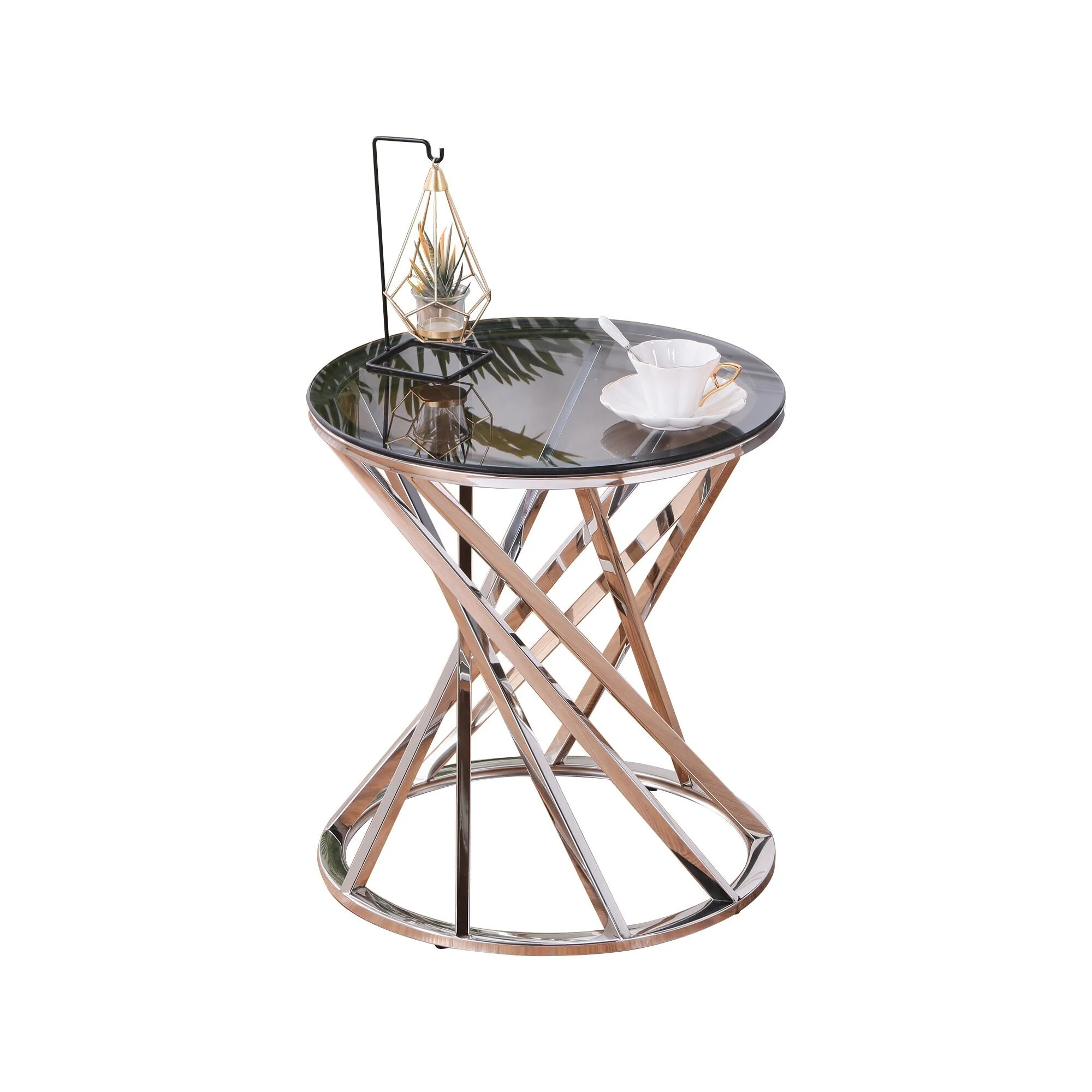 Set of 1 Round Glass Top Side Table for Living Room- Black Grey Tempered Glass & Gold Stainless Steel Frame 1