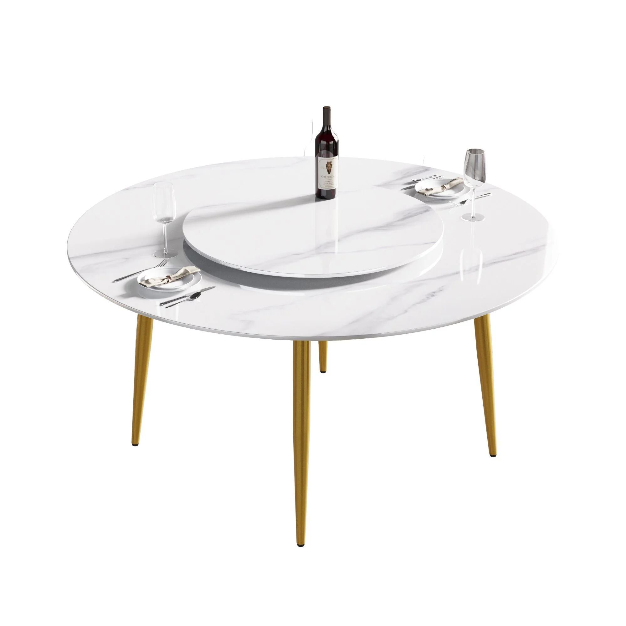59.05Modern artificial stone round golden metal dining table-can accommodate 6 people-31.5white artificial stone turntable 1