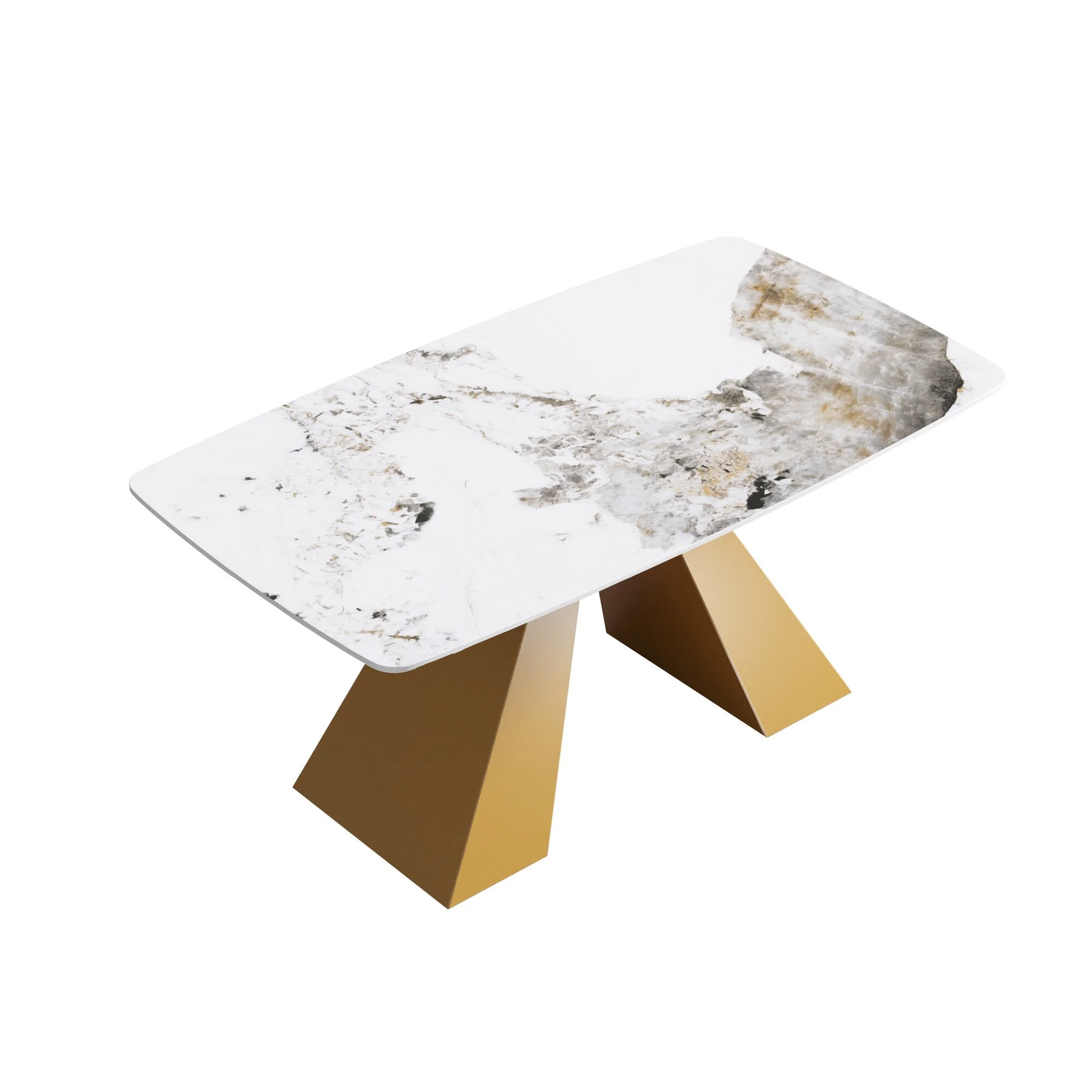 63Modern artificial stone pandora white curved golden metal leg dining table 1