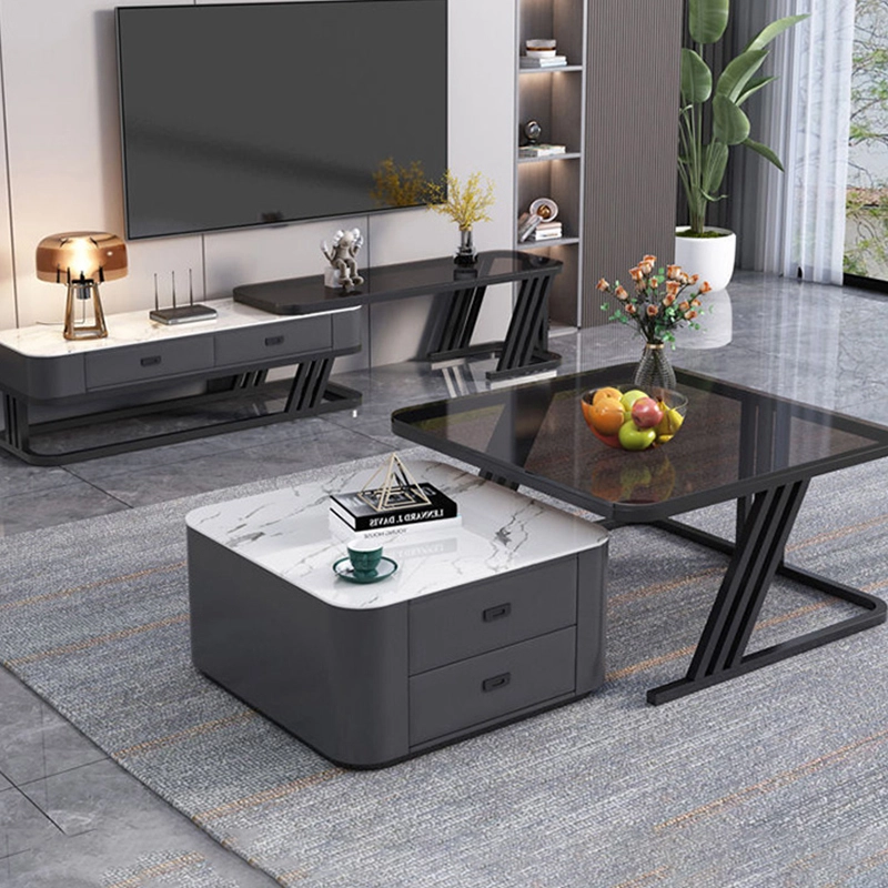 Mesa de centro moderna e barata com estrutura de metal e vidro quadrado 1