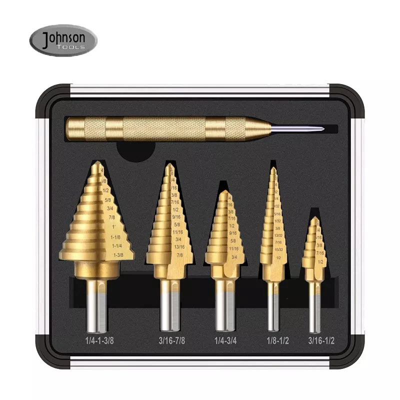 Juego de brocas en espiral de varios pasos de titanio Hss Down de 6 piezas con una caja de aluminio 1