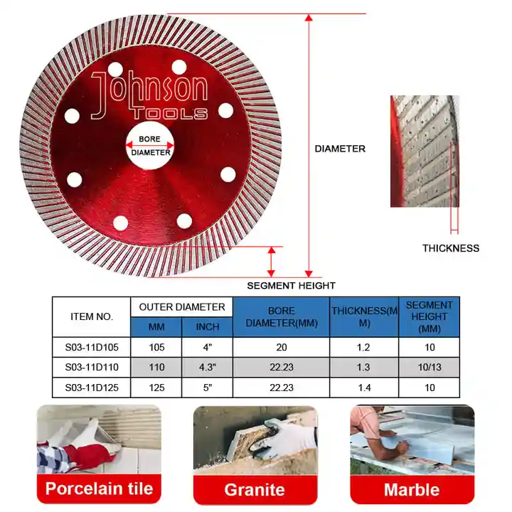 Johnson Tools Lames de scie diamantées ultra fines Turbo 105/115/125 mm pour carrelage en porcelaine 5