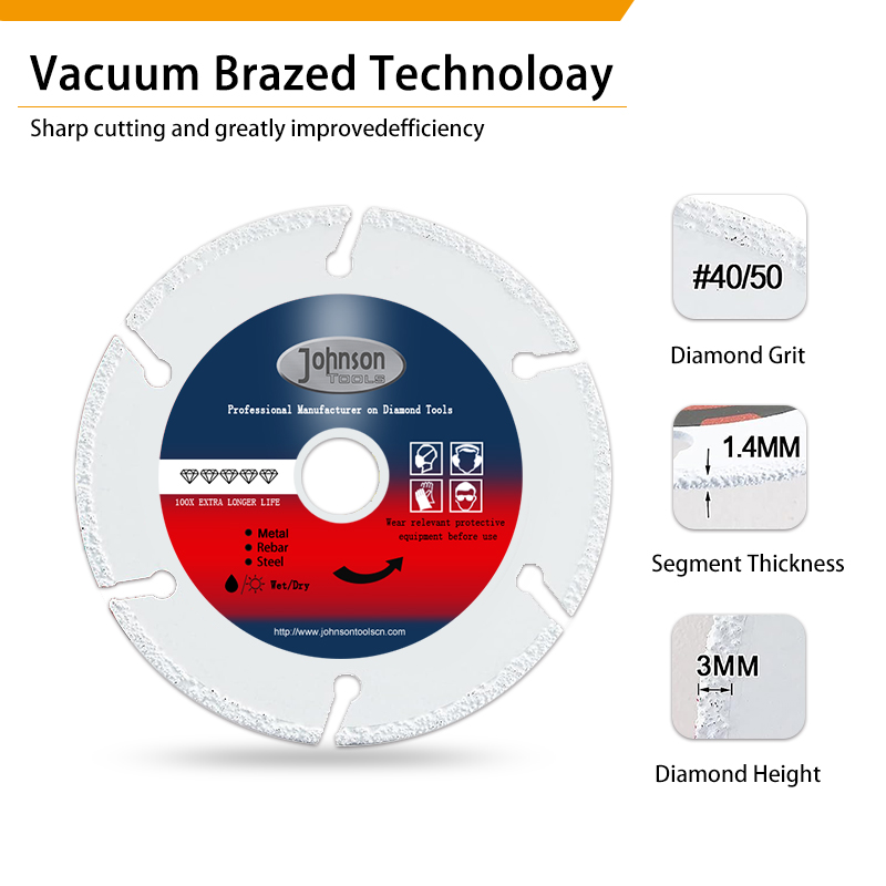 Disco da taglio diamantato per metalli con disco da taglio brasato sotto vuoto Johnson Tools per tubi in acciaio, ferro, acciaio angolare per tondo per cemento armato 4