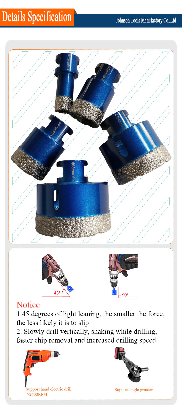 Johnson Tools 20mm, 35mm, 40mm, 50mm, 68mm M14 Vacuum Brazed Dry Diamond Core Drill Bits Set for Tiles 7