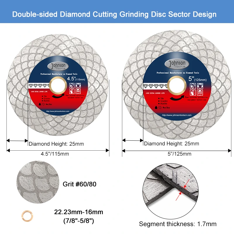 Johnson Tools - Disco abrasivo de corte de diamante de doble cara con hoja de sierra de granito para baldosas de cerámica de 4,5 /5 3