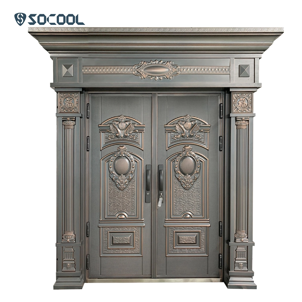 Porte de luxe en acier de villa de doubles portes d'entrée avec le poteau principal de porte 1