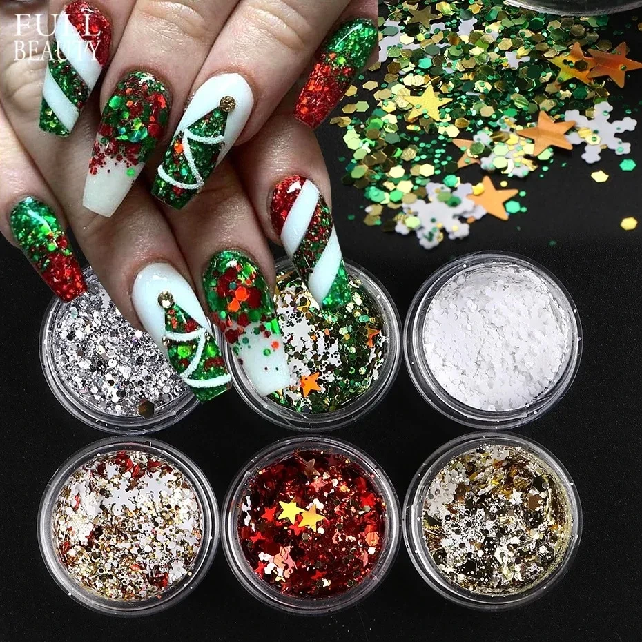 MLM Glitter Supplier Customizes 6 Jars/set Christmas Snowflake Glitter Set Powder Colorful Star Designs Manicure Christmas Nail Art Decoration For Nails 1
