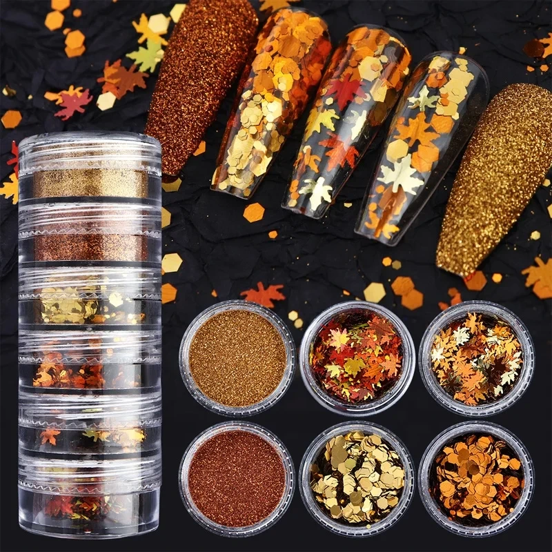 MLM Glitter Supplier Customizes 6colors New Christmas Nail Powder Golden Orange Maple Leaf Blue White Snowflake Nail Sequins Set Nail Mirror Powder 1