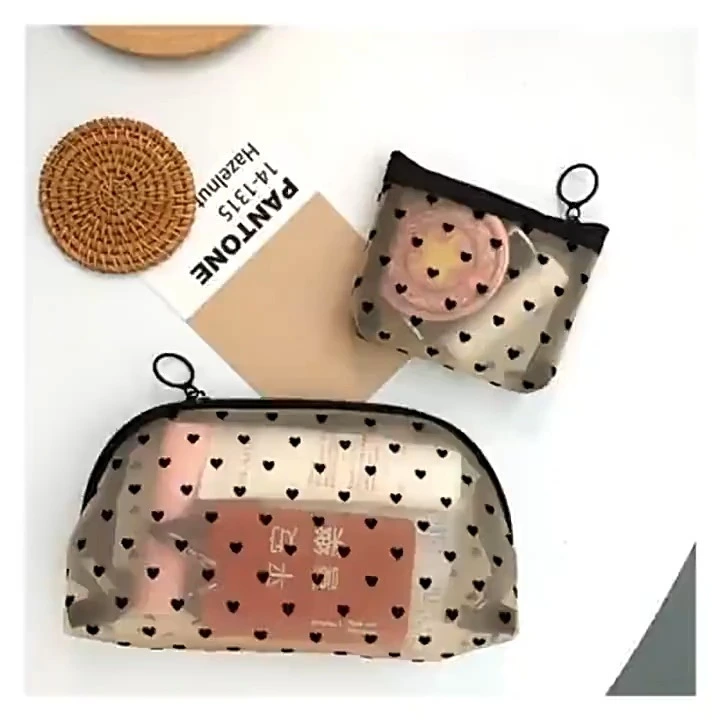 Professional Love Printing Zipper Mesh Cute Heart Makeup Bag Cosmetic Bag for Women Girls Vacation Travel 1