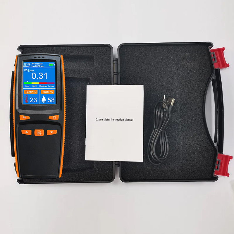 (O3) El rango de prueba del detector de ozono es de 0 a 50 ppm y admite almacenamiento de datos. 9
