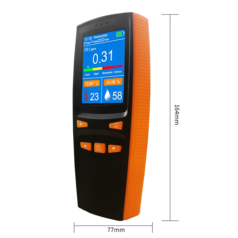 (O3) El rango de prueba del detector de ozono es de 0 a 50 ppm y admite almacenamiento de datos. 6