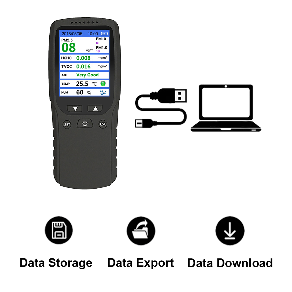 Appareil de mesure de la qualité de l'air portable 8 en 1 avec stockage de données et batterie rechargeable USB-C 3