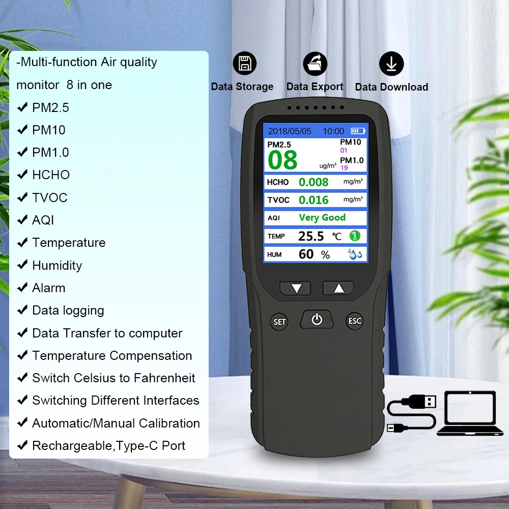 Appareil de mesure de la qualité de l'air portable 8 en 1 avec stockage de données et batterie rechargeable USB-C 4