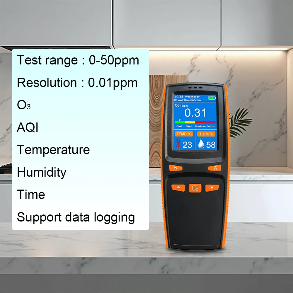 (O3) El rango de prueba del detector de ozono es de 0 a 50 ppm y admite almacenamiento de datos. 4