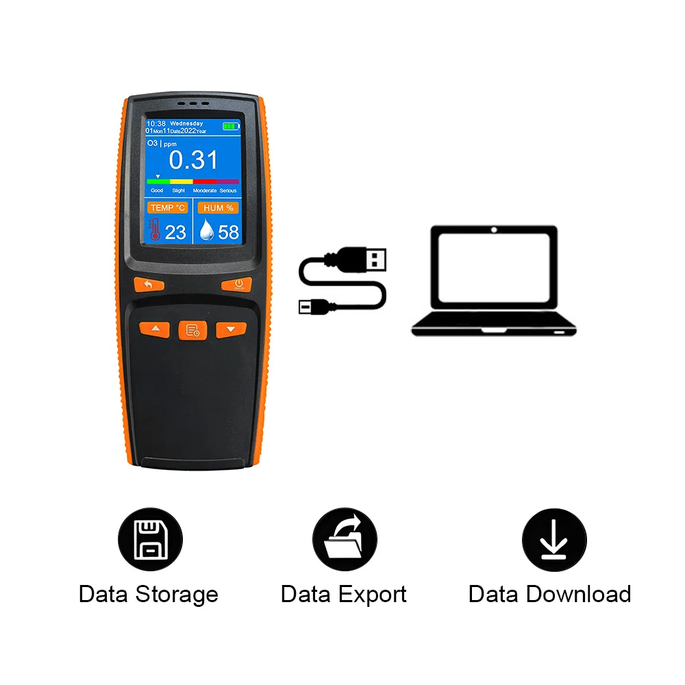 (O3) El rango de prueba del detector de ozono es de 0 a 50 ppm y admite almacenamiento de datos. 2