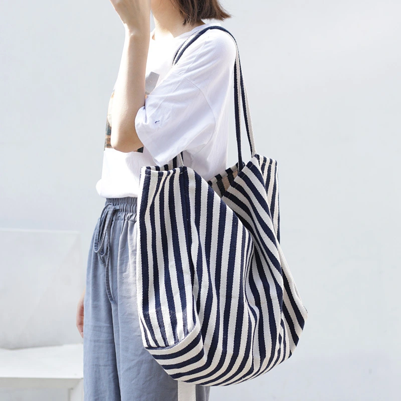 Korean simple tote handbag lady travel striped canvas bag casual fashion women shoulder shopping bag 1