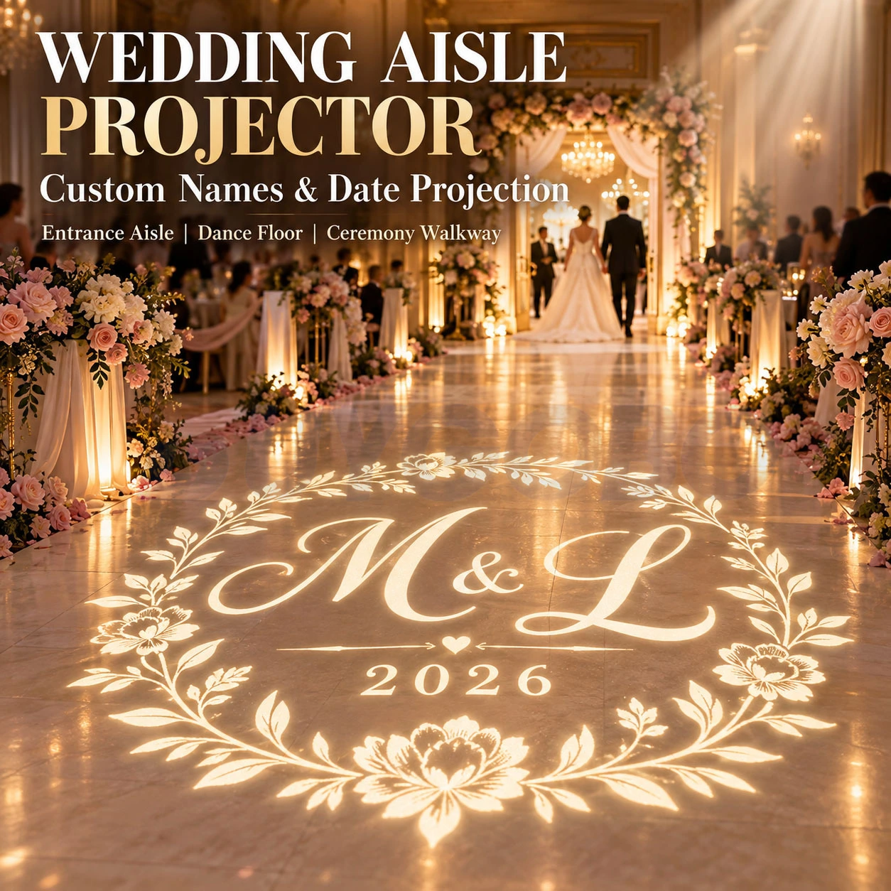 Projecteur Gobo personnalisé pour mariage : logo, nom, date et motif projetés au sol pour l'allée nuptiale et la décoration de la piste de danse lors de la réception. 1