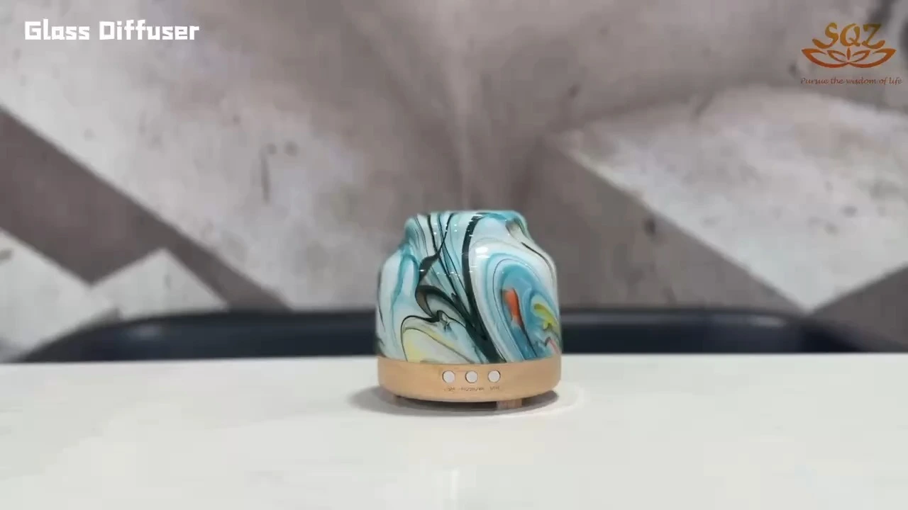 Umidificatore per ambienti con diffusore per aromaterapia con base in legno di vetro e olio essenziale con linee colorate casuali WG2217 1