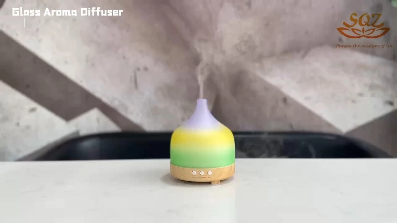 Colorful glass ultrasonic air humidifier essential oil aroma electric diffuser wholesale wooden base WG2221 1