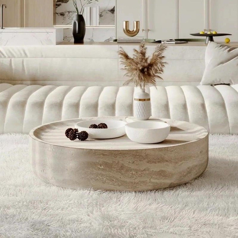 FCT015 Living Room Natural Beige Travertine Round Coffee Table 1