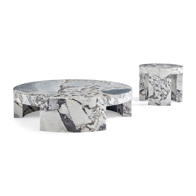 FCT009 Modern Round Marble Coffee Table with Curved Block Legs 1