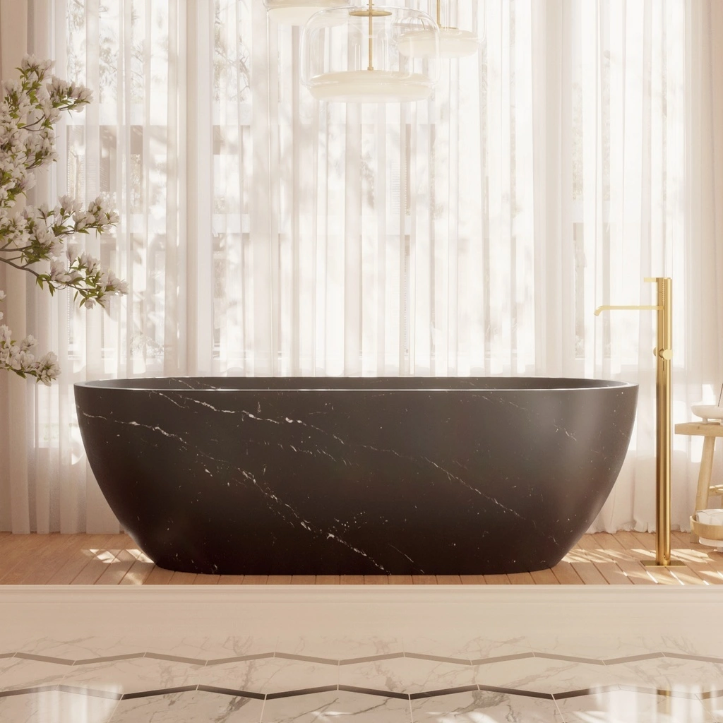 BBT004 Bathroom Oval Nero Marquina Marble Freestanding Bathtub 1