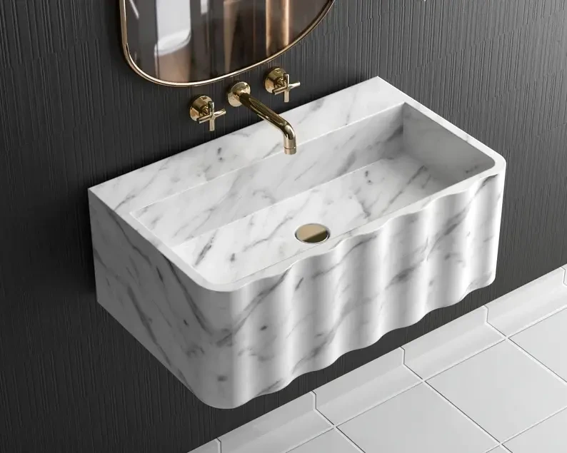 BSB010 Calacatta White Marble Sink Wall Mount Marble Sink Marble Bathroom Sink Powder Room Sink Custom Vanity Top Natural Stone Marble Sink 1