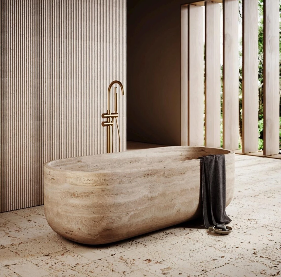 BBT001 Bathroom Oval Shape Travertine Freestanding Bathtub 1