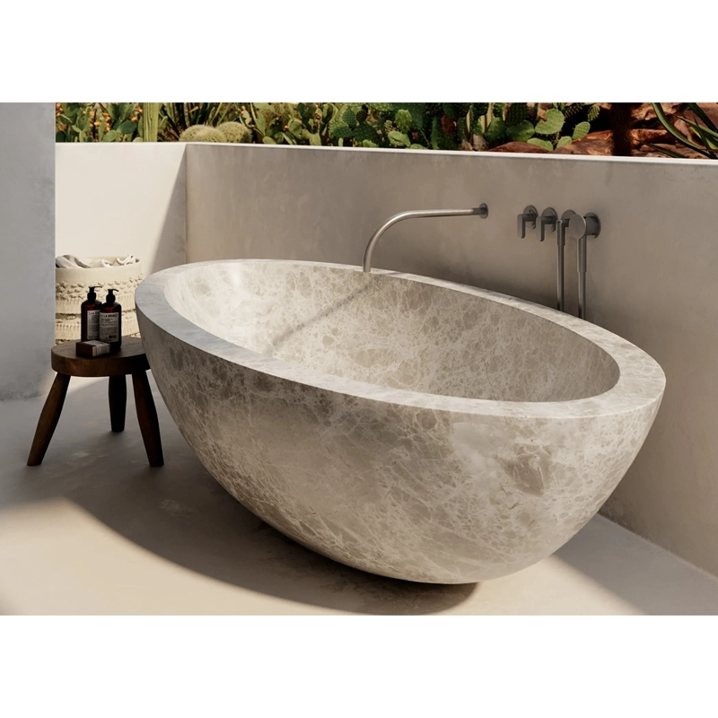 BBT005 Bathroom Freestanding Oval Natural Grey Marble Bathtub 1