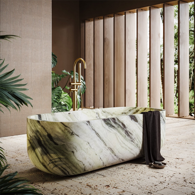 BBT010 Bathroom Oval Shape Freestanding Jade Green Marble Bathtub 1