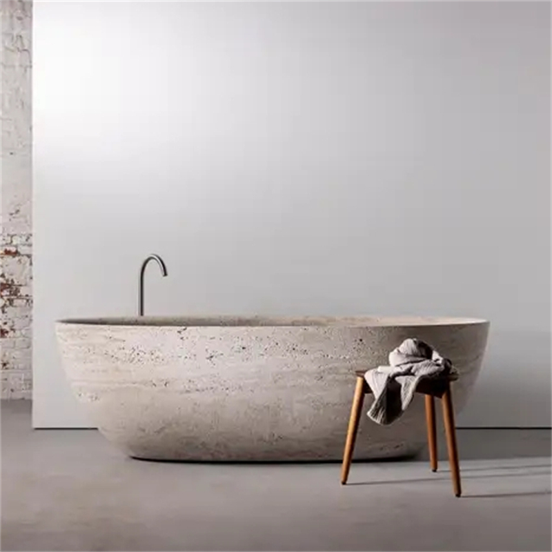 BBT009 Bathroom Oval Shape Natural Grey Travertine Freestanding Bathtub 1