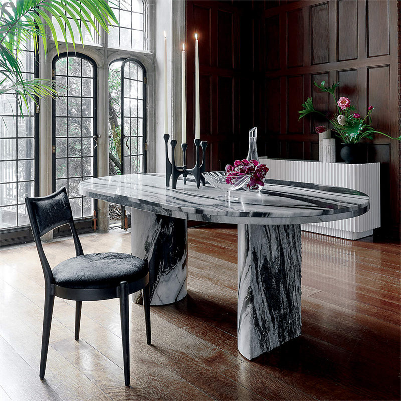 FDT004 Modern Oval Panda White Marble Dining Table 1