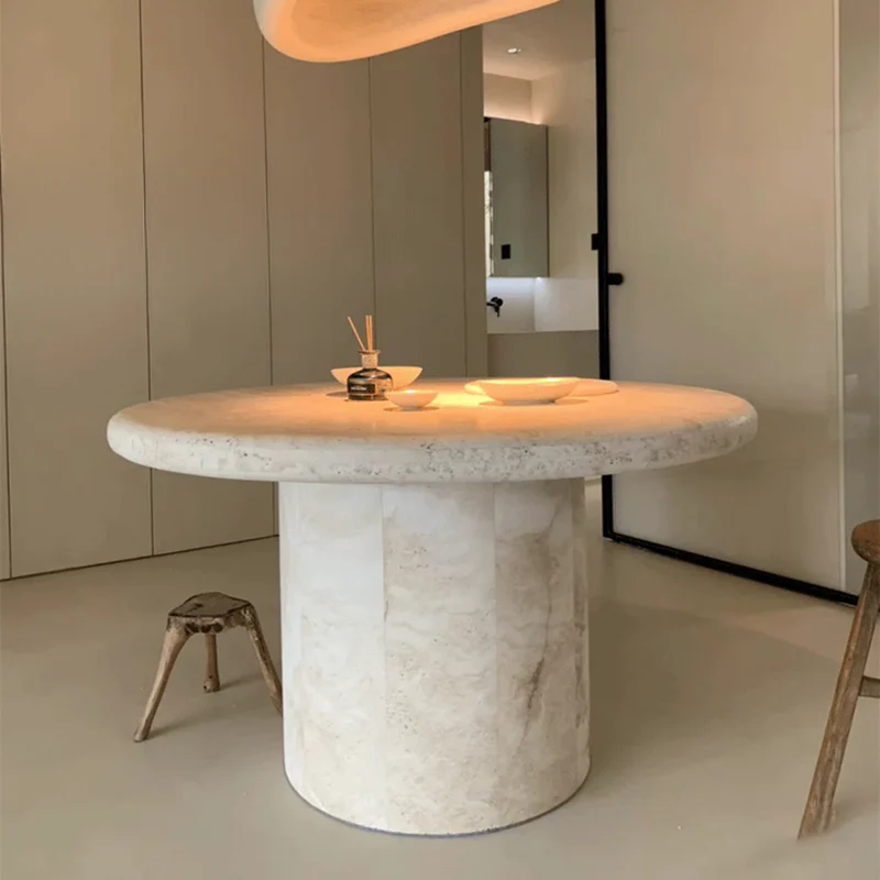 FDT003 Round White Travertine Dining Table with Column Base 1