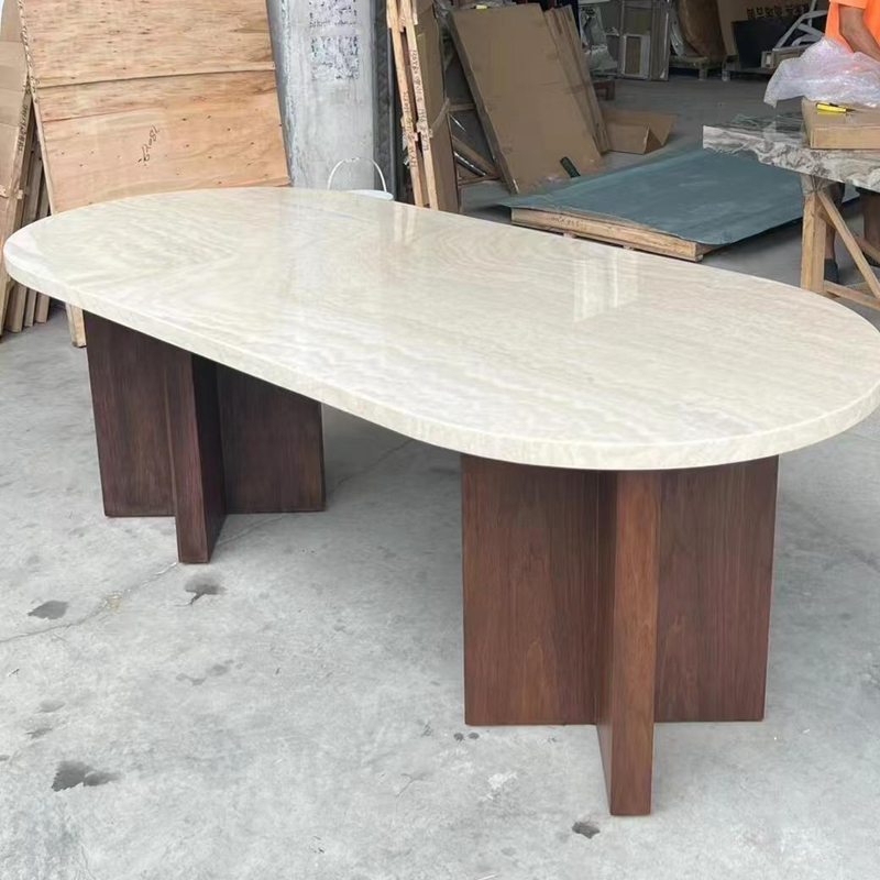 FDT006 Oval Beige Travertine Top Dining Table with Wood Base 1